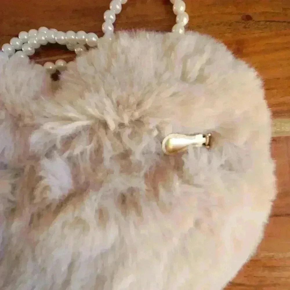 Beige Faux White Pearl Decor Heart Design Fluffy Women's Small Crossbody Purse - Picture 5 of 9
